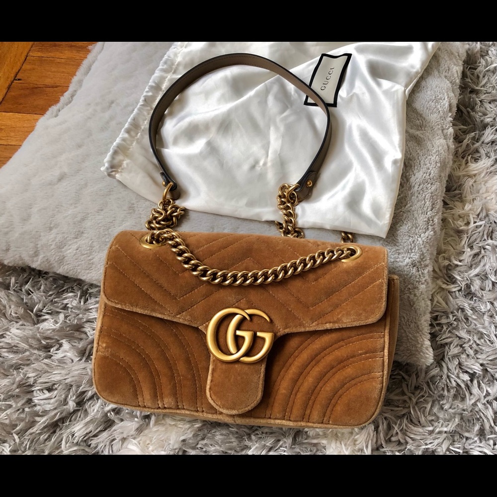 Gucci velvet Marmont tan crossbody chain bag